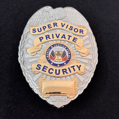 Replica del distintivo di sicurezza privata del supervisore Liberty &amp; Justice For All, oggetti di scena del film, numero personalizzabile