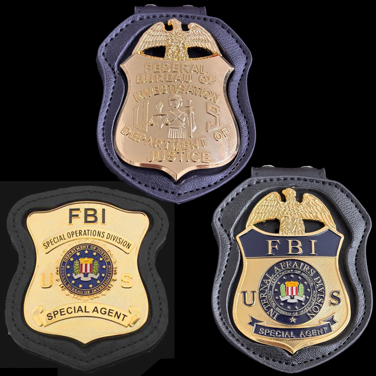 Set di 3 repliche di distintivi dell'FBI, oggetti di scena del film 