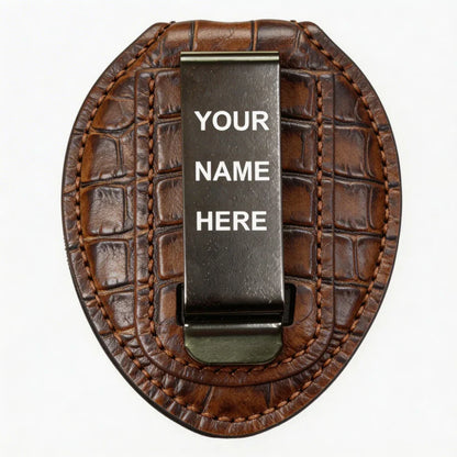 Personalized Genuine Leather Oval Police Badge Holder - C003 Case with Belt Clip & Neck Chain