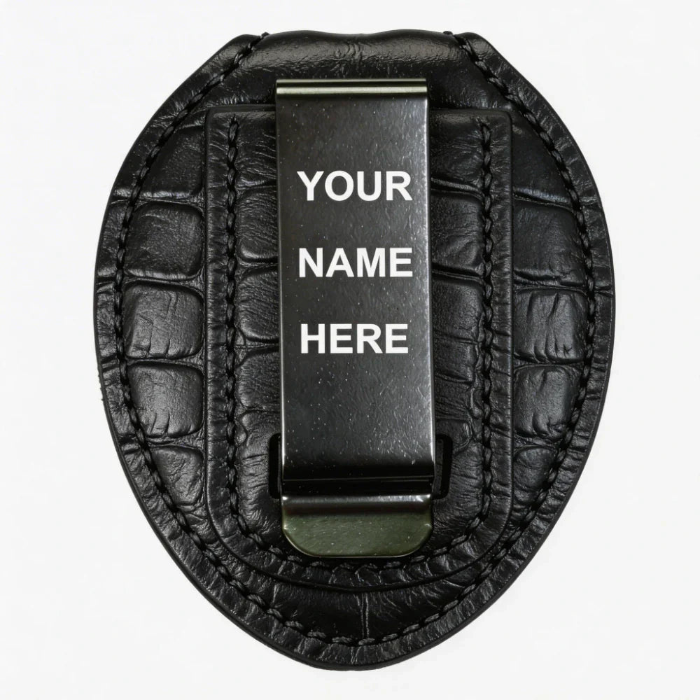 Personalized Genuine Leather Oval Police Badge Holder - C001 Case with Belt Clip & Neck Chain