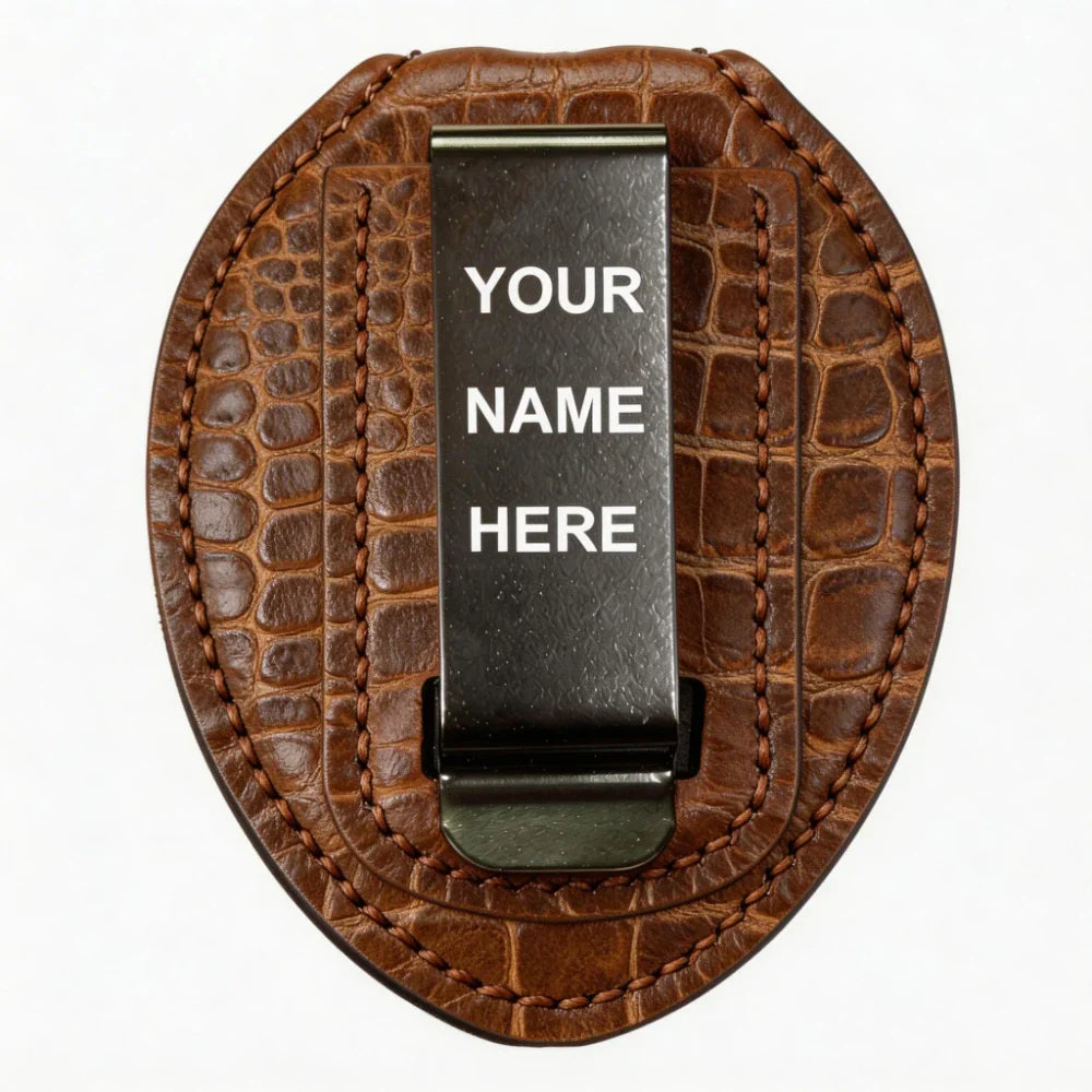 Personalized Genuine Leather Oval Police Badge Holder - C006 Case with Belt Clip & Neck Chain